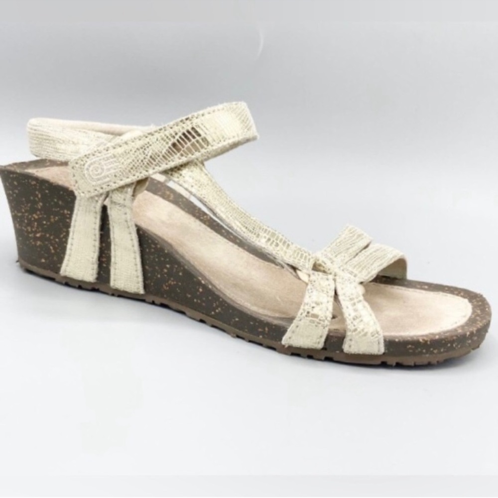 Teva Gold Ventura Sandals Cork Wedge Strappy Slingback Snake Print, Size 10